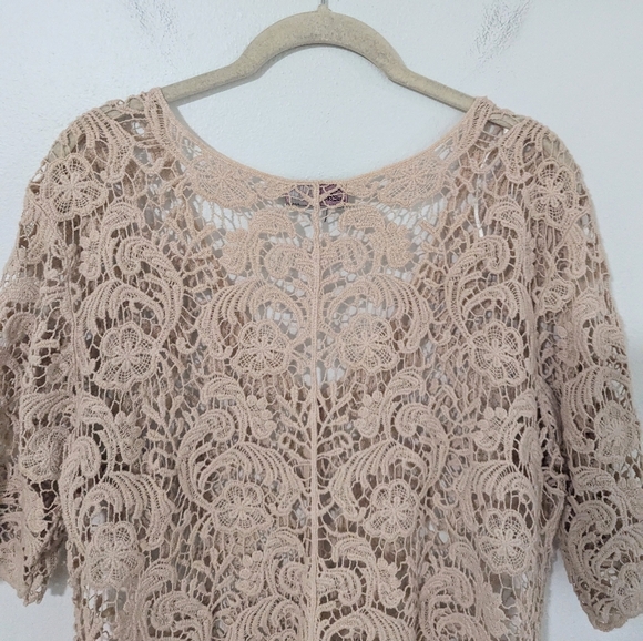 Vintage Y2K Open Crochet Short Sleeve Top Button Front Open Knit Beige Large L - Picture 6 of 7
